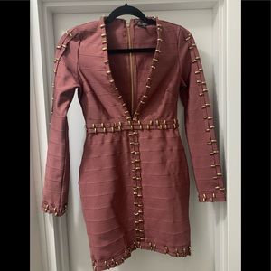 Deep-V Bodycon Dress in Mauve with Ringlet Detail